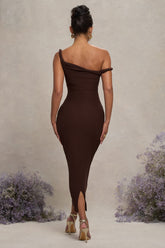 Chocolate Brown Twisted Asymmetric Maternity Midi Dress